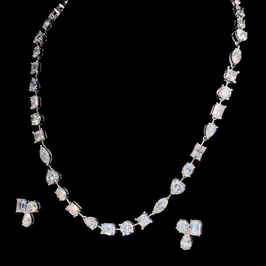 Multi Shape Diamond Necklace Set, Mixed Cut Diamond Necklace with Matching Earrings.