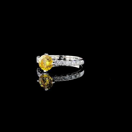 Vivid Yellow Round Cut Engagement Ring in White Gold – Micro Pave Band Solitaire Ring