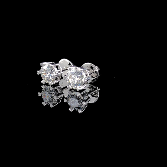 Round Diamond Stud Earrings in White Gold – Heart Prong Screw Back Earrings
