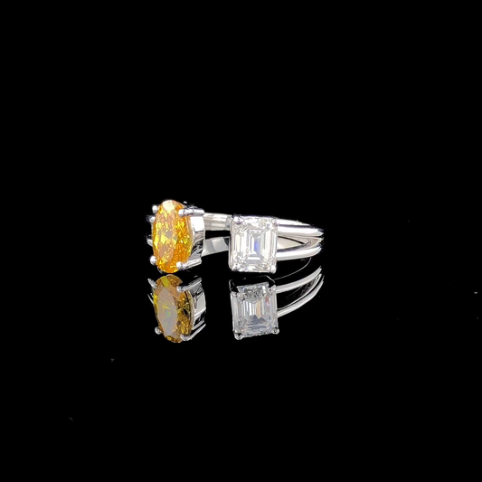 Yellow Oval Cut & Emerald Cut Two Stone Engagement Ring.