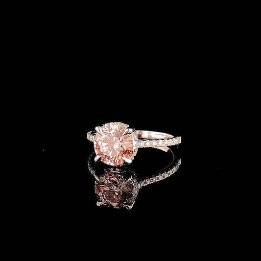 Pink Round Cut Diamond Engagement Ring – Pave Band Solitaire, Hidden Halo Setting