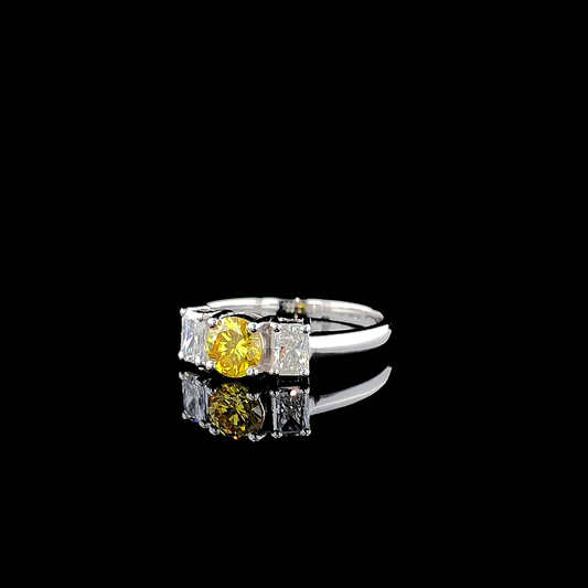 Yellow Round Cut Diamond Three Stone Ring – Radiant Cut Side Stones, Classic Trilogy.