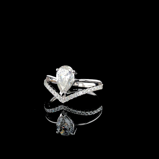 Pear Cut Diamond Engagement Ring – V Shaped Pave Band, Chevron Wedding Ring, Elegant Statement Proposal Ring