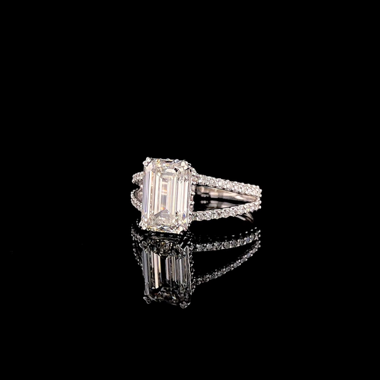 Emerald Cut Diamond Engagement Ring – Split Shank Pave Band, Hidden Halo Setting, Elegant Statement Proposal Ring