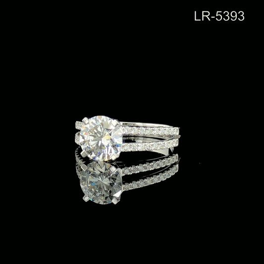Round Cut Solitaire Diamond Engagement Ring Split Shank Double Pavé Band White Gold Statement Ring