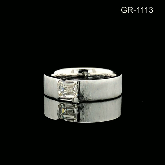 Emerald Cut Diamond Bezel Set Ring Wide Brushed Band Minimalist Solitaire Unisex Wedding Ring