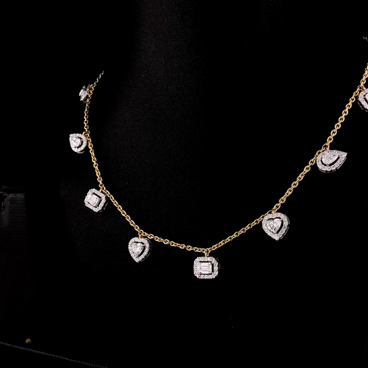 Multi Shape Diamond Charm Necklace Yellow Gold Halo Dangle Station Necklace