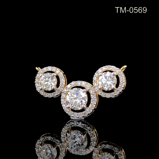 Round Diamond Halo Trio Pendant Yellow Gold Three Stone Circle Necklace