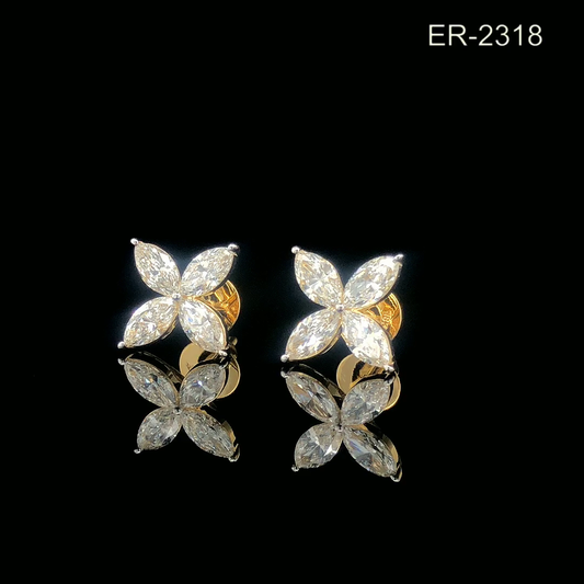 Marquise Cut Diamond Flower Stud Earrings Yellow Gold Cluster Floral Earrings.