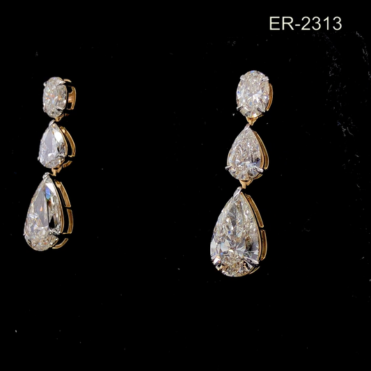 Oval and Pear Cut Diamond Drop Earrings Three Stone Dangle Bridal Wedding Earrings Yellow Gold