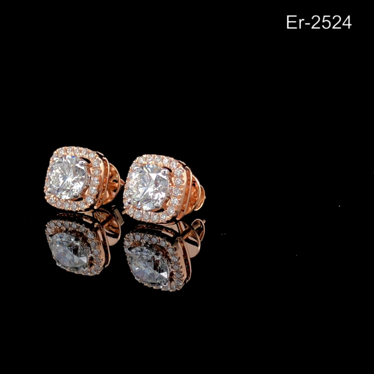 Round Diamond Stud Earrings Halo Stud Earrings Square Frame Classic Bridal Jewelry.