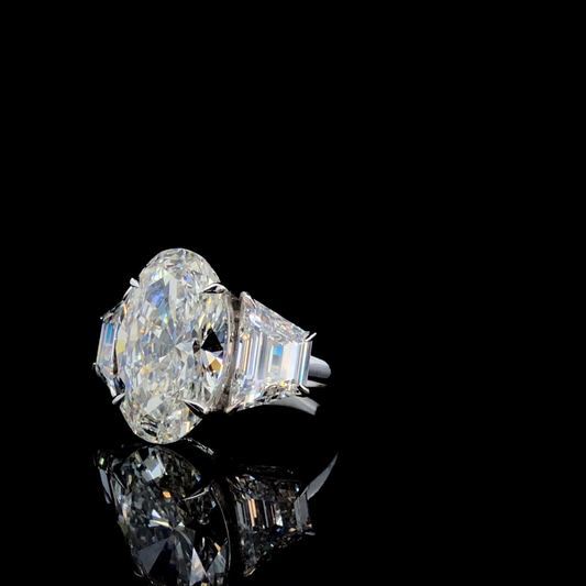Oval Cut Three Stone Diamond Ring Trapezoid Side Stones Statement Engagement Ring.