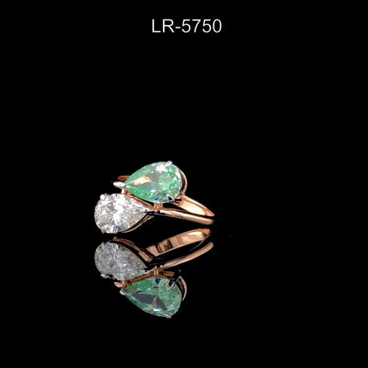 Pear Cut Two Stone Diamond Ring Green and White Open Bypass Ring Modern Statement Jewelry.