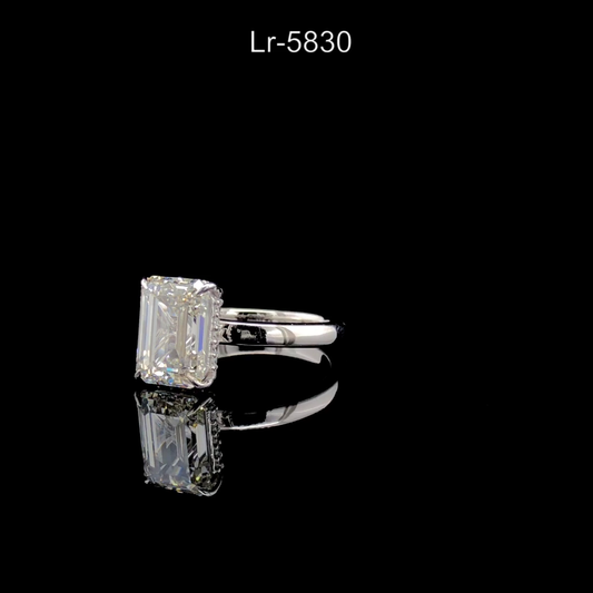 Emerald Cut Diamond Solitaire Ring Hidden Halo Classic Engagement Ring.