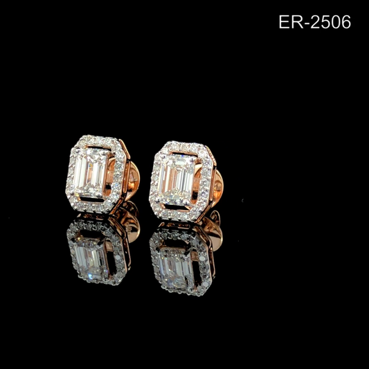 Emerald Cut Diamond Stud Earrings Halo Setting Double Frame Studs.