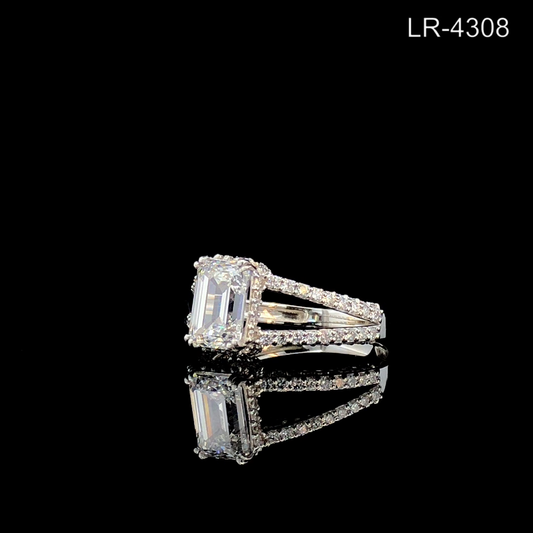 Emerald Cut Diamond Ring, Double Band Halo Engagement Ring, Split Shank Pave Setting.