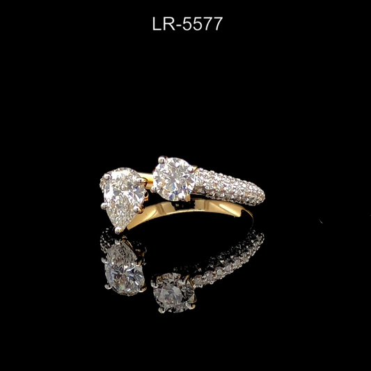 Toi et Moi Diamond Ring, Pear & Round Cut Engagement Ring, Pavé Band Gold Ring, Open Two Stone Ring.