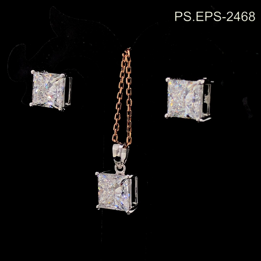 Princess Cut Diamond Jewelry Set, Square Solitaire Stud Earrings and Pendant Necklace Set.