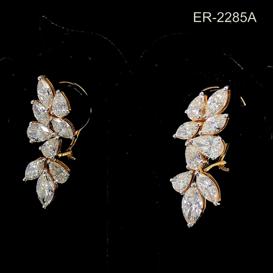 Marquise and Round Diamond Cluster Drop Earrings in 14K Solid Gold, Leaf Style Prong Setting.