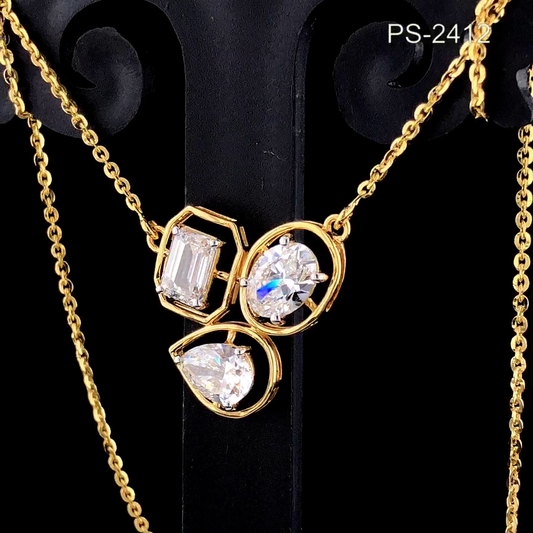 Three Stone Diamond Pendant Necklace Solid Gold, Emerald, Oval, Pear Necklace.