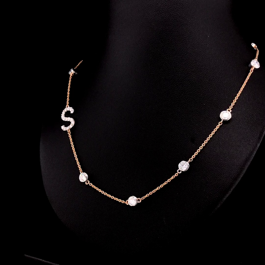 Initial S Diamond Necklace with Bezel Set Round Diamonds in Solid Gold.