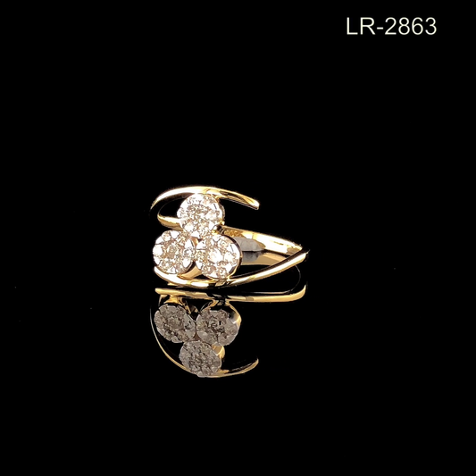 Round Pavé Diamond Cluster Ring with Floral Design and Open Wrap Band.