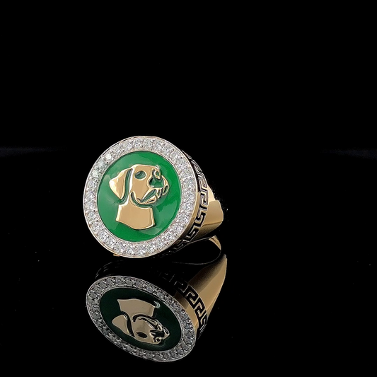 Green Enamel Dog Motif Signet Ring with Diamond Halo, Round Statement Ring