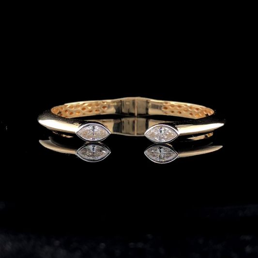 Twin Marquise Diamond Open Cuff Bangle, Bezel Set Bypass Bracelet.