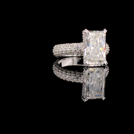 Radiant Cut Solitaire Engagement Ring, Triple Row Pave Band.