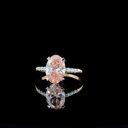 Vivid Pink Oval Solitaire Engagement Ring, Pave Diamond Band.