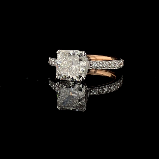 Square Radiant Cut Solitaire Engagement Ring, Pave Diamond Band with Hidden Halo.