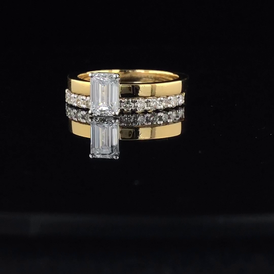 Emerald Cut Solitaire Engagement Ring Set, Pave Diamond Wedding Band Bridal Set.