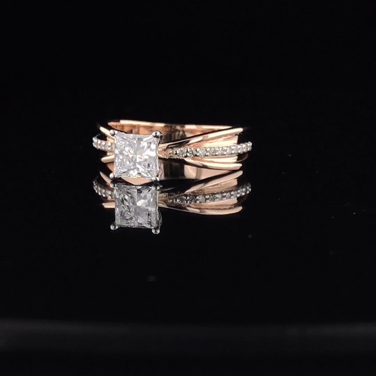 Princess Cut Solitaire Engagement Ring, Wide Multi Strand Pave Diamond Shank.