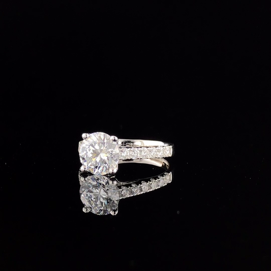 Round Brilliant Solitaire Engagement Ring, Pave Diamond Band with Hidden Halo.