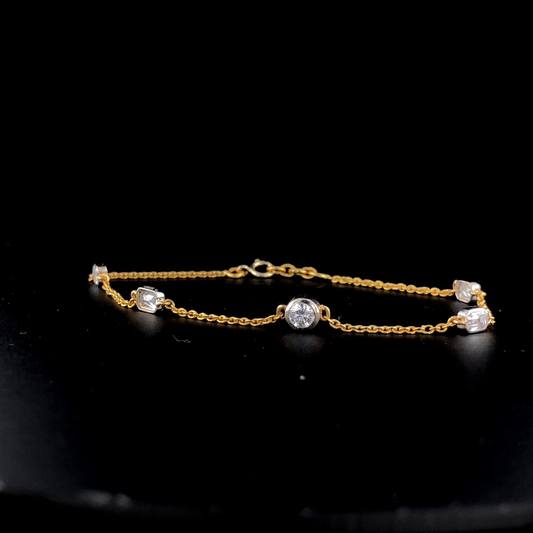 Bezel Set Alternating Cut Diamond Bracelet, Round Emerald Cut Station Two Tone Chain.