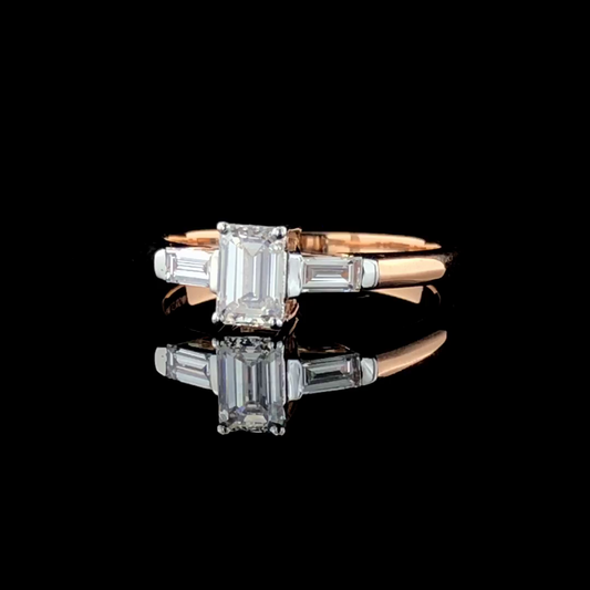 Emerald Cut Three Stone Engagement Ring, Baguette Side Stone Plain Band.
