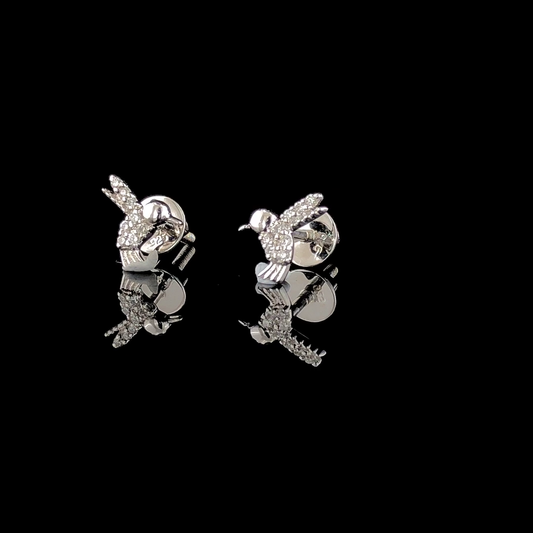 Diamond Hummingbird Stud Earrings, Pave Set Round Diamond Bird Earrings.